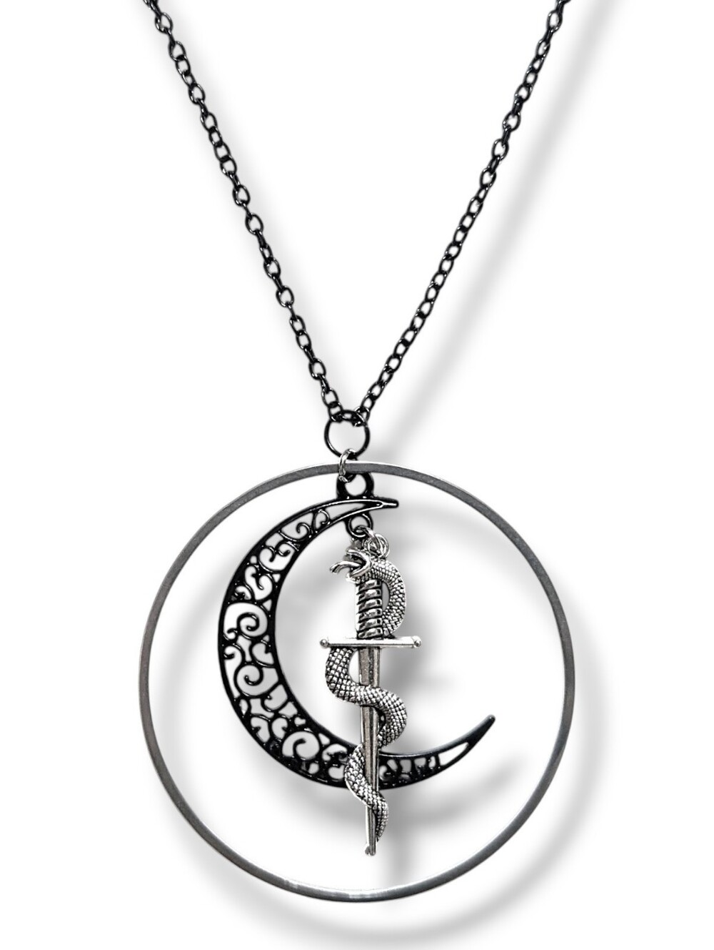 NWT Handmade Black Crescent Moon Silver Sword Hoop Long Layered Necklace